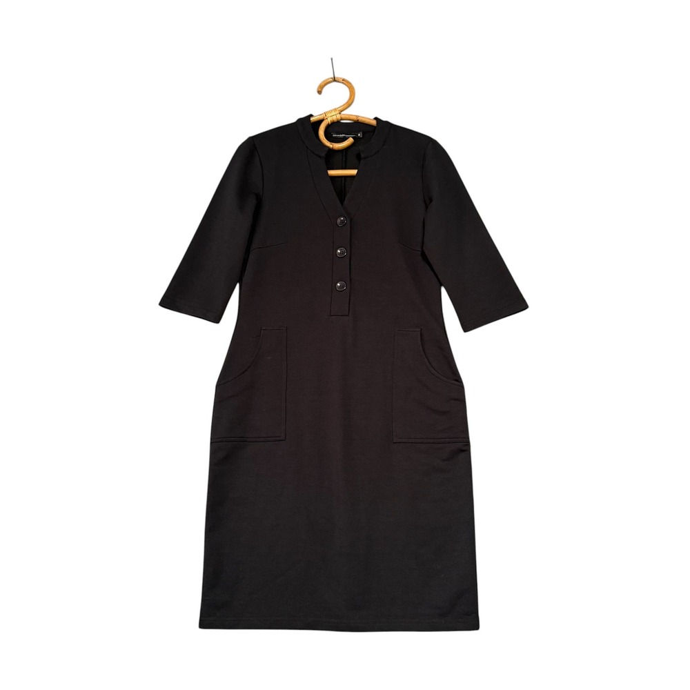 Donna Dura | Henley Sheath Dress Black 3/4 Sleeve Pockets Size 36 Cotton Blend